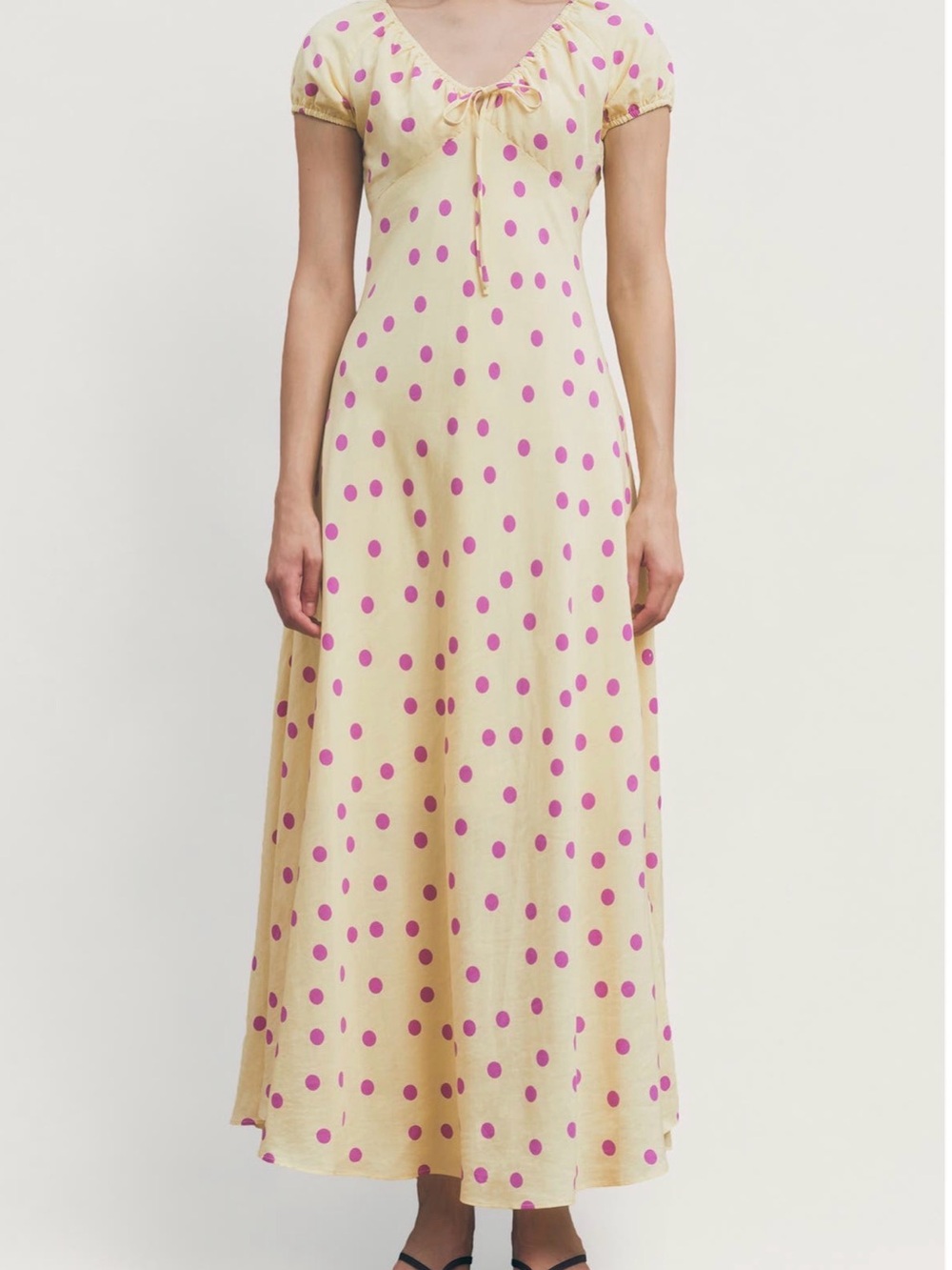Maude Club Natasha Polka Dot Puff-Sleeve Maxi Dress in Cream and Pink